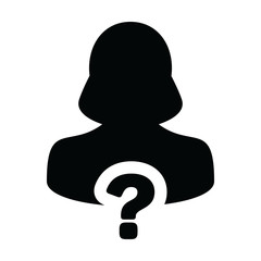 Question icon vector female person profile avatar symbol for help sign in a glyph pictogram illustration