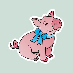 Sticker of Pig Wears A Blue Tie, Cute Funny Character, Flat Design