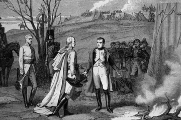 Interview between Napoleon and the Emperor of Austria, Francis II, after the battle of Austerlitz. 1805. Antique illustration.1890. - obrazy, fototapety, plakaty