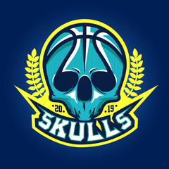 stock vector basketball emblem with skull head. sports logo illustration