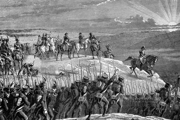 Napoleon giving attack signal. Battle of Austerlitz. 2 December 1805. Decisive French victory. Antique illustration.1890.