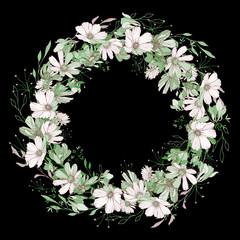 Floral round frame of pastel wildflowers and leaves on black background. Copy space. Hand drawn. Wreath for your design, greeting cards, wedding invitation. Vector stock illustration.