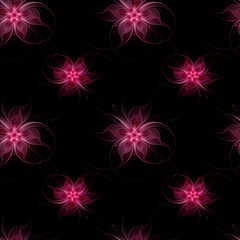 Seamless black background with abstract fractal dark pink flowers