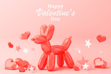 Valentine's day concept background with Balloon dog red and pink hearts star rose with white square frame and love decoration 3d rendering