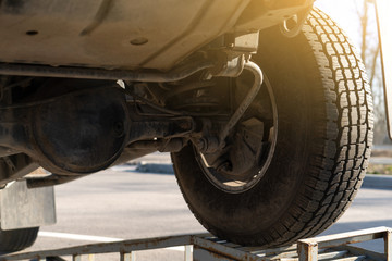 SUV car bottom view. Transmission and suspension
