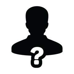 Person icon with question mark symbol vector with male profile avatar for help in a glyph pictogram illustration