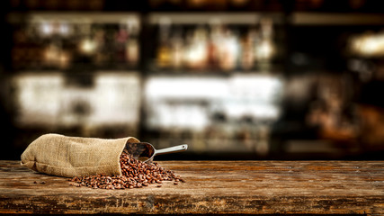 Brown old wooden board of free space and cafe interior 