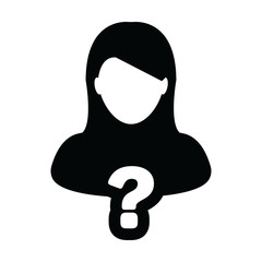 Person icon with question mark symbol vector with female profile avatar for help in a glyph pictogram illustration