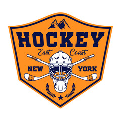 stock vector retro ice hockey helmet and sticks emblem. sports logo illustration
