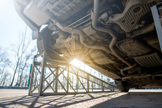 SUV car bottom view. Transmission and suspension