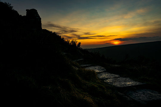 Hillside Stone Pathway with Beautiful Colourful Sunset at Simonside Rothbury