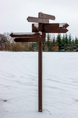 Winter wooden sign pointers with a space for happy place text