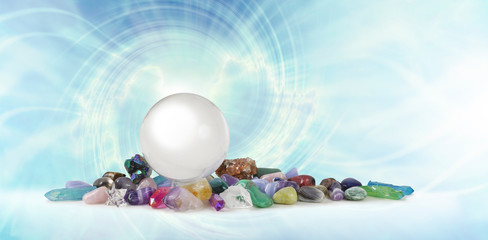 Magical Healing Crystal Vortex Background - a large clear crystal ball atop a selection of healing...