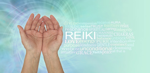 Gentle Healing Hands Reiki Word Cloud -open palm hands beside a REIKI word cloud against a blue...