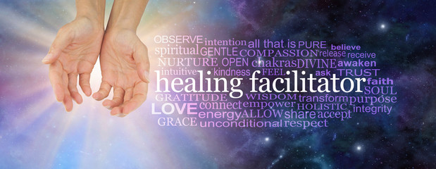 I am a healing facilitator word cloud - female open palm hands beside a HEALING FACILITATOR word...