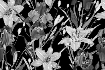 Black and white floral seamless pattern with flowers irises, lilies, branch, leaves on black. Hand drawn. Monochrome. For your design, prints, textile. Realistic style. Vector stock illustration.