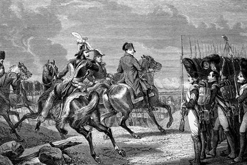 Battle of Jena. Napoleon reviewing the Imperial Guard. 14th October 1806. Antique illustration. 1890.