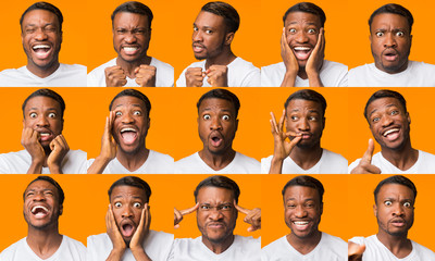African American Guy Grimacing Expressing Different Emotions, Collage, Orange Background - obrazy, fototapety, plakaty