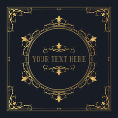 Golden elegant squared frame with ornate borders and corners. Vector isolated Victorian pattern. Hand drawn gold classic wedding invitation template.