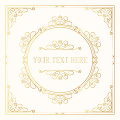 Victorian squared golden frame with royal borders and corners. Hand drawn classic wedding invitation template. Vector isolated gold elegant ornate design.