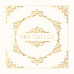 Golden ornate squared frame with gold borders and corners. Vector isolated Victorian elegant pattern. Victorian invitation design template.