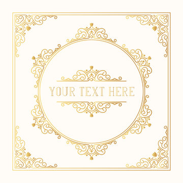 Golden ornate squared frame with gold borders and corners. Vector isolated Victorian elegant pattern. Victorian invitation design template.