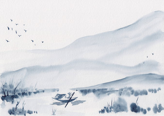 Watercolor painting of asian mountains, river & fisherman boat. Hand drawn oriental style landscape with layers of rocks & birds. Concept for decoration, relaxation, restore, meditation background. © Sergey Pekar