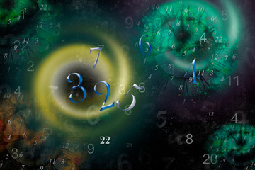 Numbers flying in a spiral in different directions, numerology