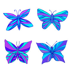 Set of bright purple blue butterflies color, isolated white background. Doodle style.