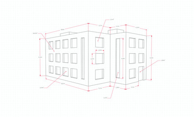 Technical drawing of the house, on a white background with red size indicators, on a white sheet white background