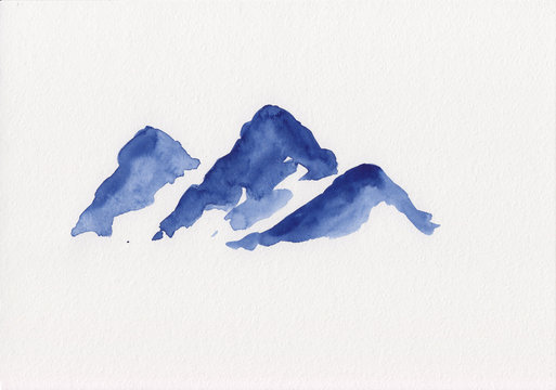 Stock watercolor abstract mountains landscape painting of blue vibrant mountains in fog drawn in minimalist style. Peaceful tranquil hand drawn nature elements for relaxation, meditation, restoration.