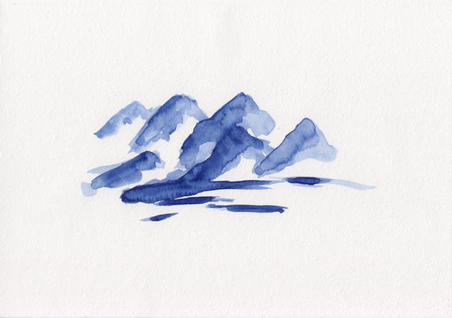 Stock watercolor isolated mountains landscape  painting of blue vibrant mountains in fog drawn in minimalist style. Peaceful tranquil hand drawn nature elements for relaxation, meditation, restoration