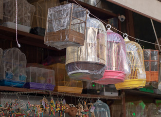 Empty sale bird cages. They have different colors and designs. Photo was taken in front of the store.
