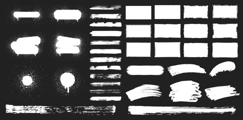 Set of rectangular grunge rough shapes, paint brushes, spray paint frames. Vector isolated airbrush ink background. Chalk edge box graphic. Distressed badge.  - obrazy, fototapety, plakaty