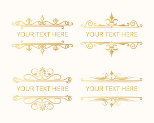 Set of hand drawn golden ornate royal borders for design templates. Vector isolated gold vintage frames. 