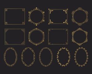 Set of golden royal wedding squared, round and oval frames. Vector isolated gold victorian borders. 