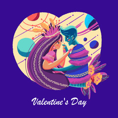 illustration of couple with tribal dress in colorful style for valentine's day
