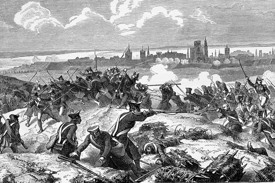 Siege of Danzig, Prussia, today Poland. 1807. Napoleonic wars. Antique illustration. 1890.