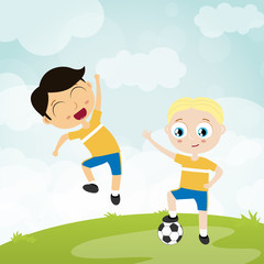 happy ball playing kids - two football players