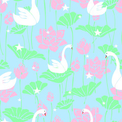 Seamless vector pattern with swans and lotus flower on light blue background. Romantic wallpaper design with stars and birds. Ideal for wedding, cards, fabric, fashion.