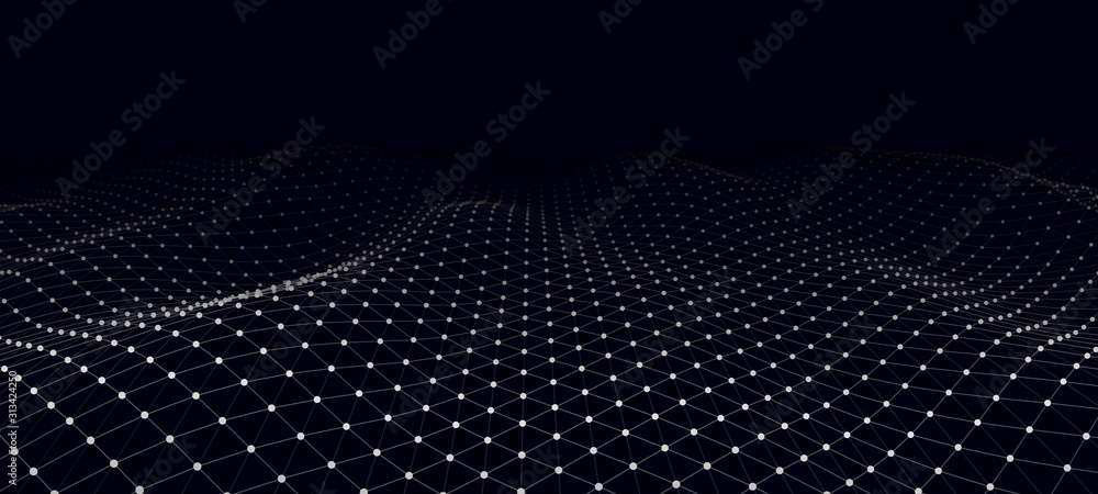 Aufkleber Wave of particles. Futuristic point wave. Vector illustration. Abstract background with a dynamic wave. Wave 3d.