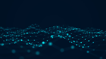 Obraz premium Futuristic abstract mesh. Wave with the connection of luminous points and lines. 3D rendering.