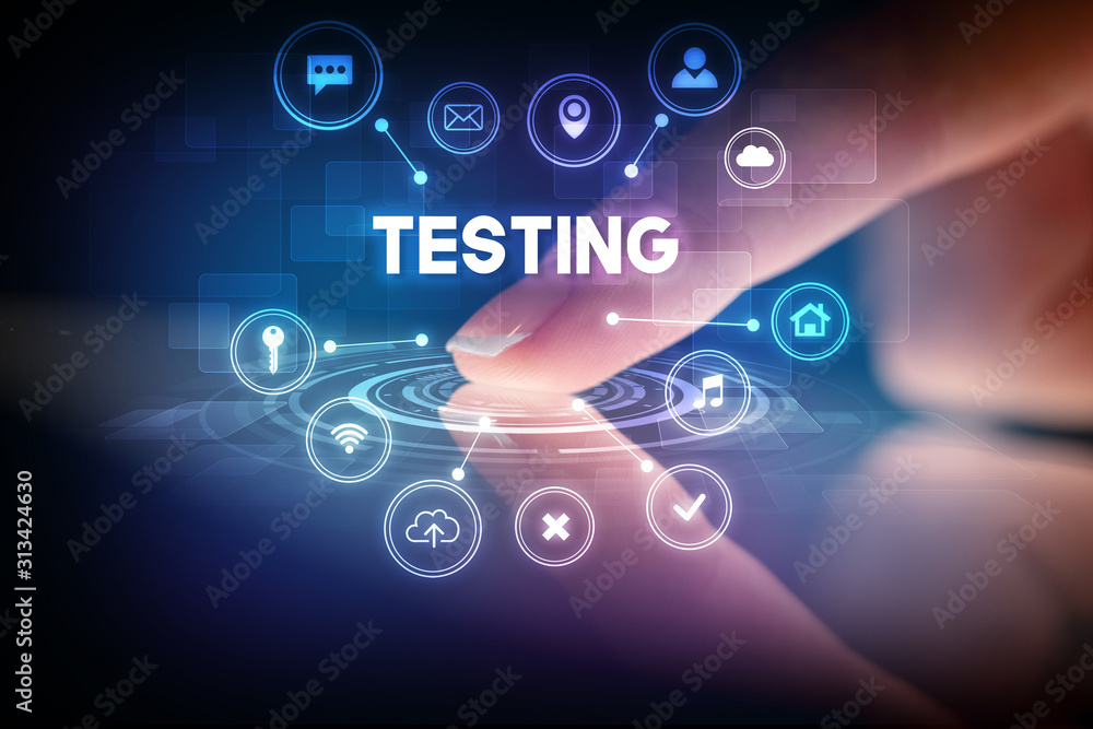 Poster finger touching tablet with web technology icons and testing inscription, web technology concept