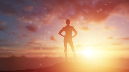 silhouette of a girl, a business woman on a background of a beautiful, golden sunset. The concept of inspiration, enthusiasm, startup, feminism - Powered by Adobe