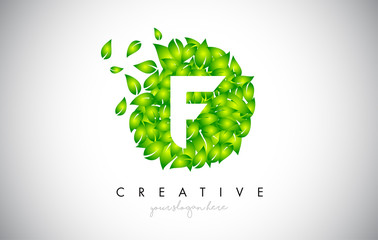 F Green Leaf Logo Design Eco Logo With Multiple Leafs Blowing in the Wind Icon Vector.