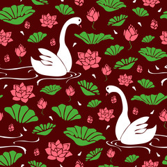Seamless vector pattern with swans and louts flower on dark red background. Simple bird swimming. Mahogany floral wallpaper design