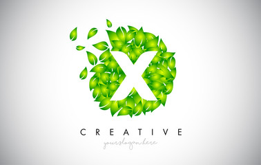 X Green Leaf Logo Design Eco Logo With Multiple Leafs Blowing in the Wind Icon Vector.