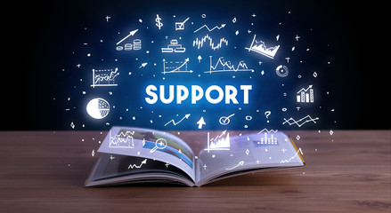SUPPORT inscription coming out from an open book, business concept