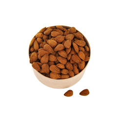 almonds in a wooden box on a white background