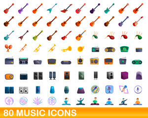 80 music icons set. Cartoon illustration of 80 music icons vector set isolated on white background